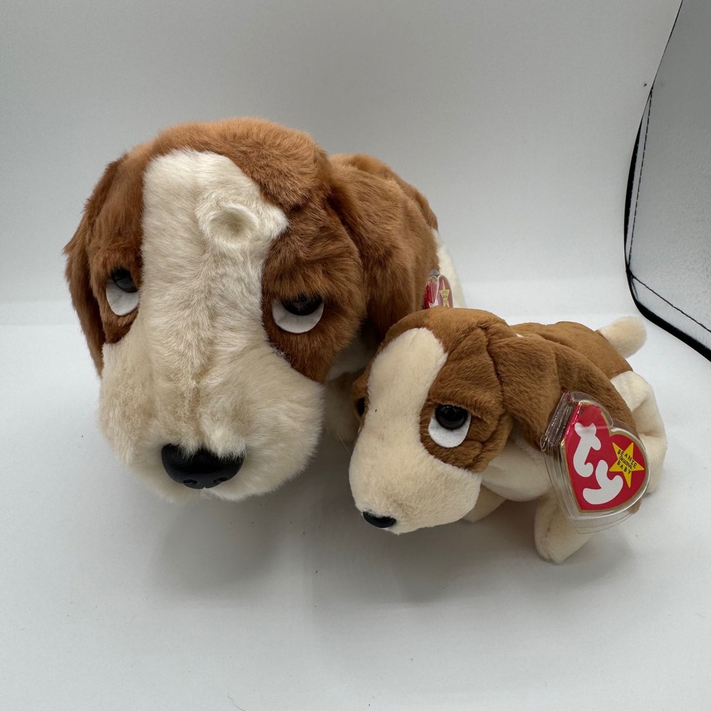 Ty Beanie Baby Buddy Tracker Basset Hound Dog Plush Set Brown White Vintage 1998